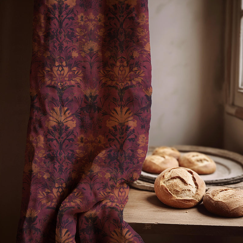 Vintage Damask Linen Curtain Panel, Deep Burgundy Boho Drape, Dark Floral Tapestry Print