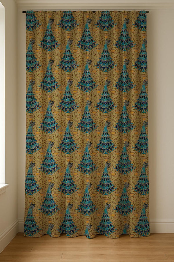 Art Nouveau Peacock Linen Curtain Panel: Vintage Blue Gold Botanical Drapes for Elegant Decor