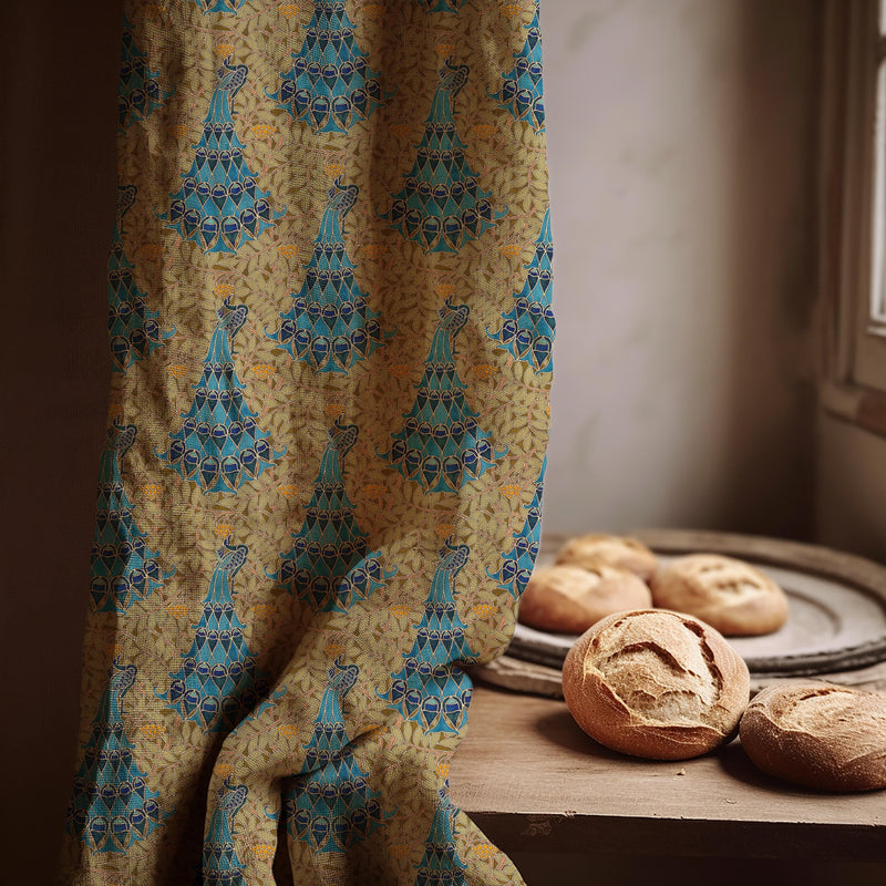 Art Nouveau Peacock Linen Curtain Panel: Vintage Blue Gold Botanical Drapes for Elegant Decor