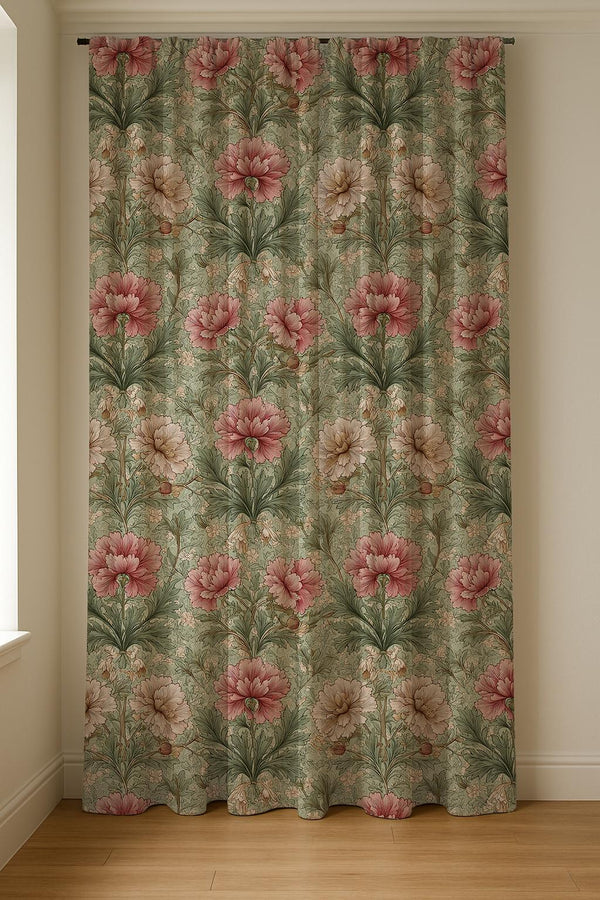 Vintage Pink Floral Linen Curtain Panel: Romantic Botanical Drapes in Cottagecore Style