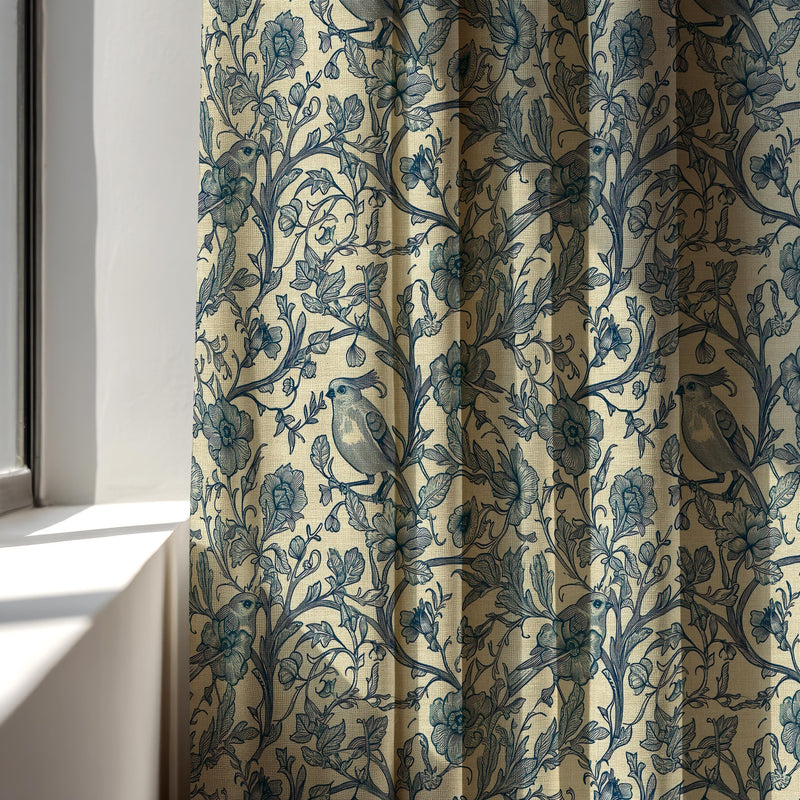 Vintage Bird Linen Curtain Panel: Blue Botanical Toile Drapes in Rustic Cottage Style