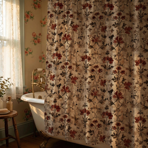Vintage Floral Shower Curtain, Rustic Red Botanical Boho Bath Decor, Distressed Garden Print