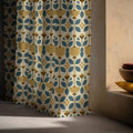 Mid Century Modern Linen Curtain Panel: Retro Geometric Floral Drapes in Blue and Mustard - Image 3