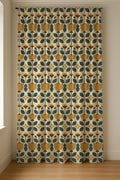 Mid Century Modern Linen Curtain Panel: Retro Geometric Floral Drapes in Blue and Mustard - Image 5