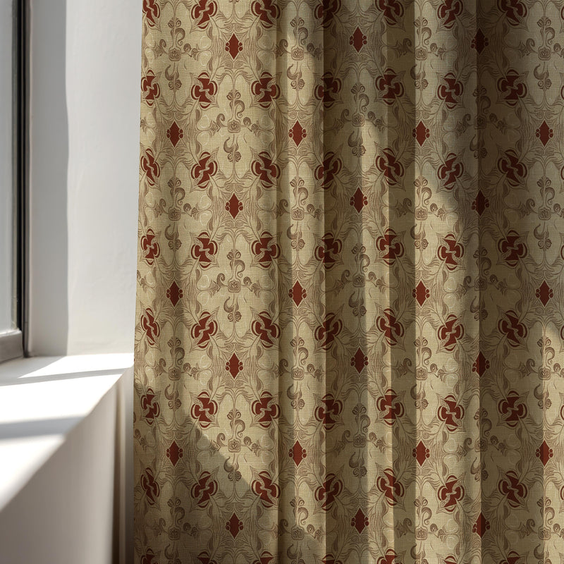 Vintage French Tile Linen Curtain Panel: Rustic Terracotta Cottage Drapes for Farmhouse Decor