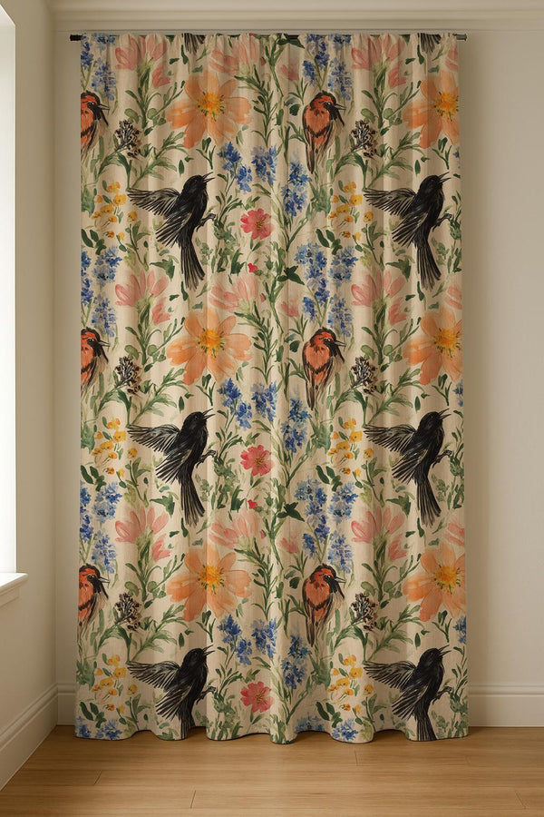 Wildflower Bird Linen Curtain Panel: Cottagecore Botanical Drapes for Rustic Farmhouse Decor