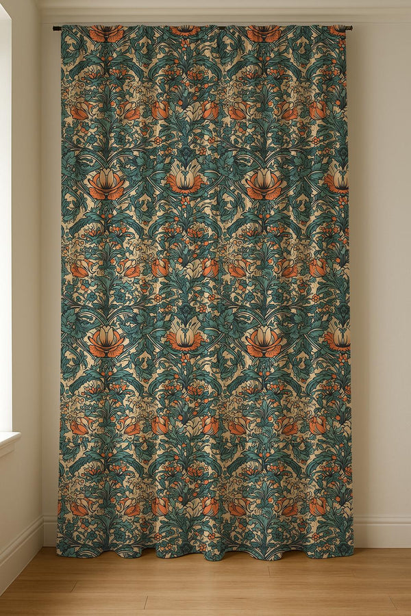 Vintage Botanical Linen Curtain Panel: William Morris Style Rustic Floral Drapes for Cottage Decor