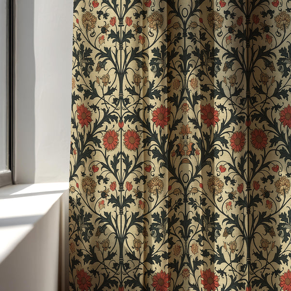 William Morris Style Linen Curtain Panel: Vintage Floral Gothic Drapes for Cottage Home Decor