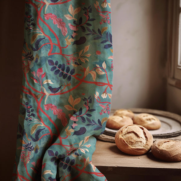 Teal Botanical Linen Curtain: Whimsical Bird and Vine Drapes for Eclectic Decor