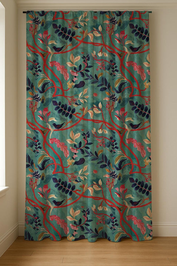 Teal Botanical Linen Curtain: Whimsical Bird and Vine Drapes for Eclectic Decor