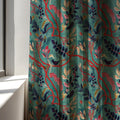 Teal Botanical Linen Curtain: Whimsical Bird and Vine Drapes for Eclectic Decor - Image 5
