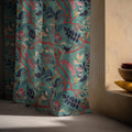 Teal Botanical Linen Curtain: Whimsical Bird and Vine Drapes for Eclectic Decor - Image 6