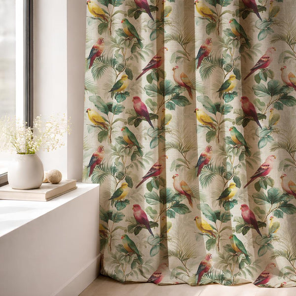 Colorful Bird Linen Curtain: Tropical Botanical Drapes for Cottagecore Decor