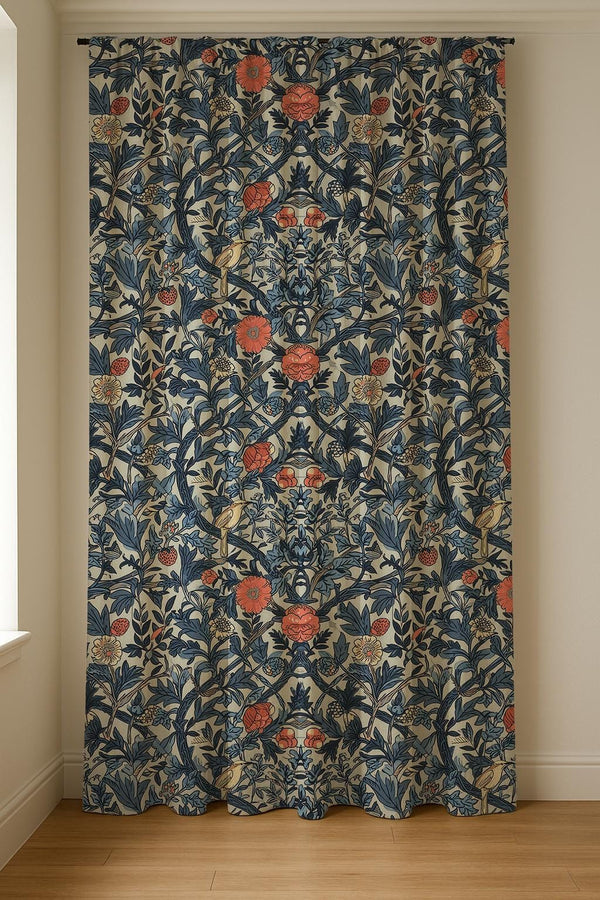 William Morris Style Floral Linen Curtain: Vintage Botanical Drapes for Cottage Decor