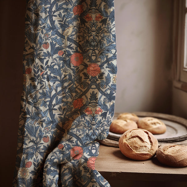 William Morris Style Floral Linen Curtain: Vintage Botanical Drapes for Cottage Decor