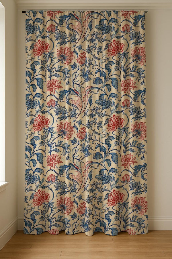 Blue Red Floral Linen Curtain: Vintage Botanical Drapes for French Country Decor