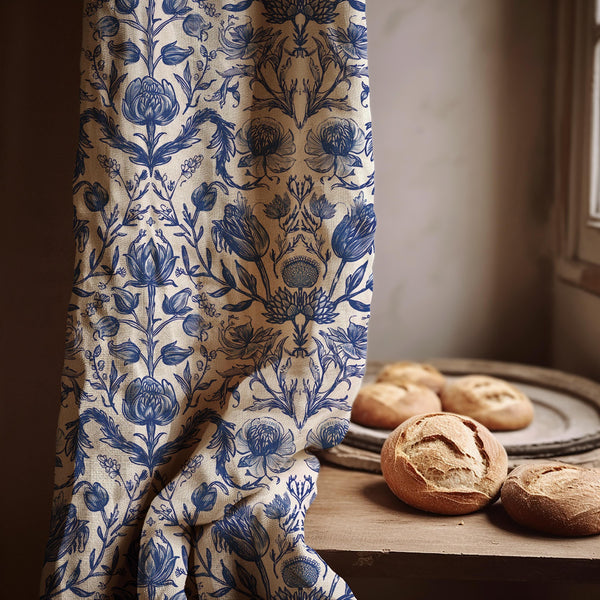 Blue Botanical Linen Curtain: Vintage Floral Cottagecore Drapes for Elegant Decor